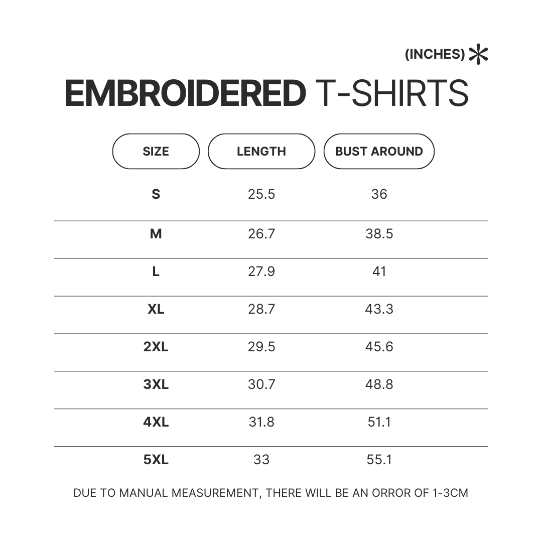 Embroidered T shirt Size Chart - Honkai: Star Rail Store